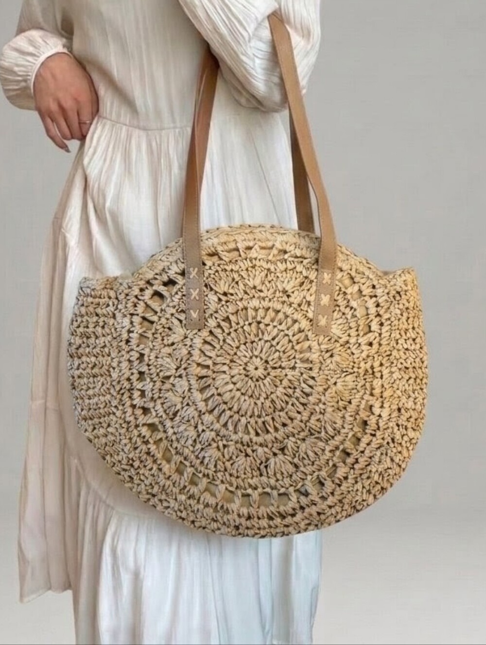 Boho Chic Woven Round Straw Tote Bag Neutral Tan Summer Beach Shoulder Bag NWT!